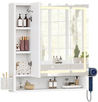 YITAHOME Spiegelschrank Bad LED 3 Türen Steckdose Wandschrank 70cm | LED-Licht für Make-up & Pflege, 2 Steckdosen + 2 USB für Föhn & Zahnbürste, 3 Spiegeltüren mit Stauraum, Beleuchtung