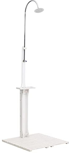 Doccia da giardino in legno bianco resistente alle intemperie e legno di abete con soffione girevole e pressione dell'acqua regolabile per giardino, campeggio e rinfresco all'aperto