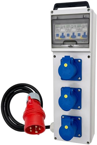 CEE Camping Stromverteiler Wandverteiler 3x CEE 16A/230V Campingsteckdose 3-polig FI/LS B16A mit Zuleitung und 5-poligen 16A CEE Starkstromstecker