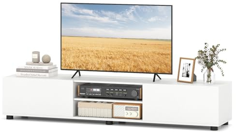 COSTWAY Mobile Porta TV Fino a 70, Supporto TV con 2 Mobiletti, 2 Ripiani Aperti e 6 Gambe di Sostegno, Tavolo Consolle per Televisore per Soggiorno e Camera da Letto, 160 x 35 x 30 cm (Bianco)