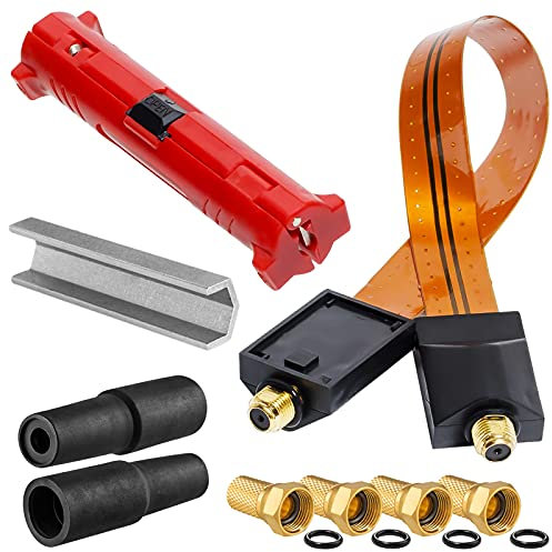 HB Digital SAT Fensterdurchführung Gold HQ für Fenster und Türen Ultra Flach + Montageschlüssel Aufdrehhilfe + Abisolierwerkzeug Abisolierer + 4X F-Stecker vergoldet + 2X Gummitüllen