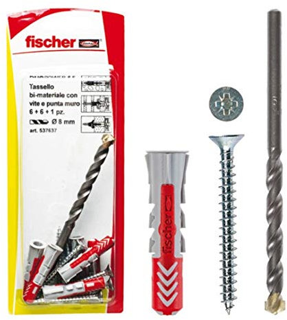 Fischer 6 Tasselli Duopower con Vite e 1 Punta Trapano, 8 x 40 mm, per Muro pieno, Mattone Forato, Cartongesso, 537637, Grigio/Rosso