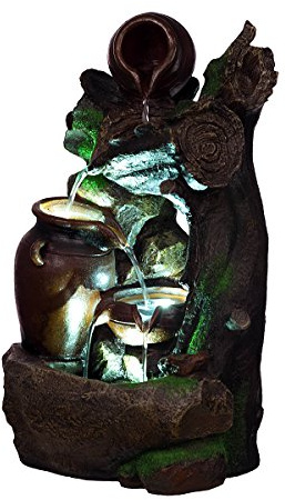Fontaine Bois, Mousse, cruches, avec 3 Lampes LED, G53–17086, Fontaine (brunnen3), LED Lampes, décoration, Fontaine, Jeux d'eau Bain à Oiseau, 48 cm de Haut,