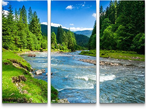 Paul Sinus Art Leinwandbilder | Bilder Leinwand 130x90cm wunderschöne Landschaft mit Bergen, Wald und Bach