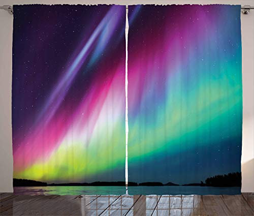 ABAKUHAUS Nordlicht Rustikaler Gardine, Sternennacht Foto, Schlafzimmer Kräuselband Vorhang mit Schlaufen und Haken, 280 x 260 cm, Mehrfarbig