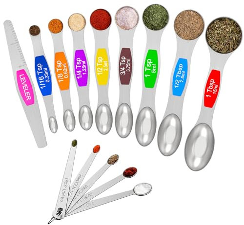 Wildone 14 Piece Stainless Steel Measuring Spoons Set, Including 8 Double Sided Magnetic Measuring Spoons, 1 Leveler and 5 Mini Measuring Spoons, for Dry and Liquid Ingredients, Fits in Spice Jar