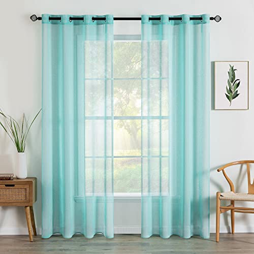 MIULEE Sheer Voile Vorhang mit Ösen Transparente Gardine Ösenvorhang Ösenschal Transparent Durchsichtig Luftig Dekoschal für Schlafzimmer Wohnzimmer 140x160 cm (B x H) 2er Set Türkis