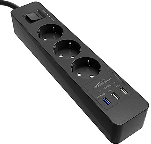 KabelDirekt – 3-Fach-Steckdosenleiste & Mehrfachsteckdose (USB, Quick Charge 3.0, Schnellladegerät, lädt geräteabhängig bis zu 3× schneller, Überspannungs-/Berührungsschutz, TÜV-geprüft, schwarz)