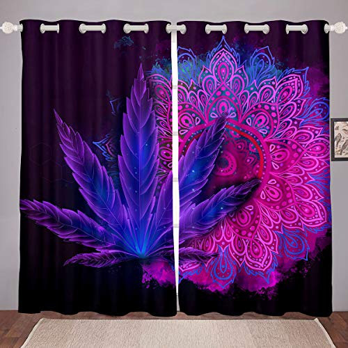 Homewish Cannabis Blätter Fenster Vorhänge,Mandala Fenster Vorhänge,Marihuana Kraut Fenster Behandlungen,Böhmische Hippie Trippy Vorhang FÜR Kinder Jungen Mädchen Teens Erwachsene,Lila Blau 55x96