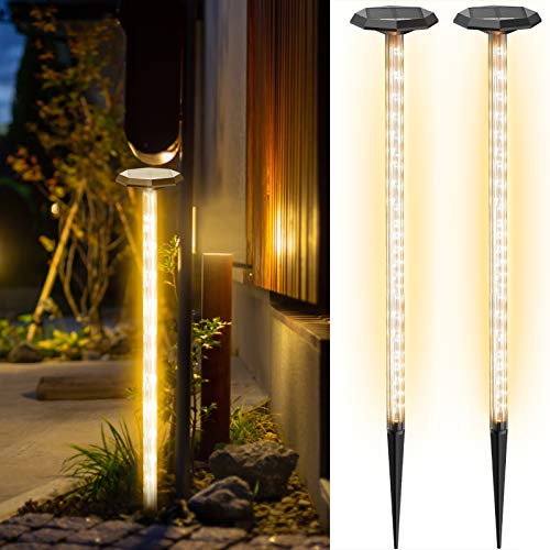 Luz LED Solares Exterior, 8 Modos de Trabajo IP65 a Prueba de Agua Atmósfera Cálida Luces Solar Iluminación de 360° Fáciles de Instalar para Jardín, Camino, Césped, Entrada, Patio(90cm, 2 Paquetes)