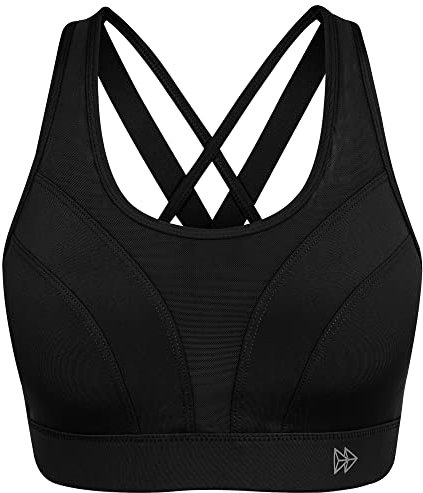Yvette Sport BH Gekreuzt Spaghettiträger Rücken Starker Halt Große Brüste für Fitness Lauf Joggen, Schwarz,S