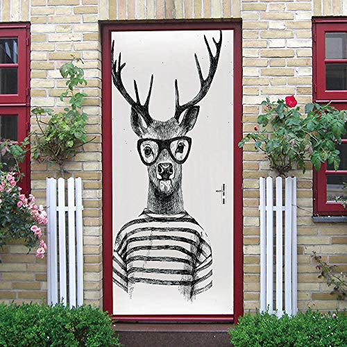 GSKBDQ Autocollants De Porte 3D 77X200Cm Animaux Nordiques Noirs Et Blancs Stickers Porte Poster Couloir 3D Papier Peint Porte Trompe l'oeil pour Salon Chambre Décoration De La Maison Stickers Muraux