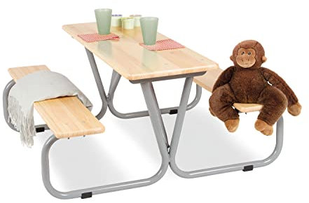 Pinolino Kindersitzgarnitur Michel für 6, aus massivem Holz, 2 Bänke mit 1 Tisch, empfohlen für Kinder ab 3 Jahren, grau