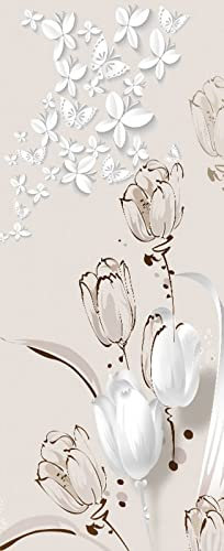 A.Monamour Sticker Porte Autocollant Poster De Porte 3D Peinture À La Main Tulipes Blanches Fleurs Et Papillons Vinyle Affiche De Porte Sticker Mural Papier Peint Art Décor 85 x 200 cm