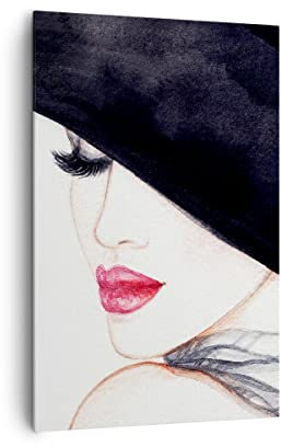 Wandbilder Dekoration Wohnzimmer Frau Lippen Hut Eleganz Bilder auf Leinwand 80x120cm Leinwandbild mit Rahmen Schlafzimmer Küche Deko Wand Kunstdruck Art Groß XXL Wanddeko Bild Canvas PA80x120-2947
