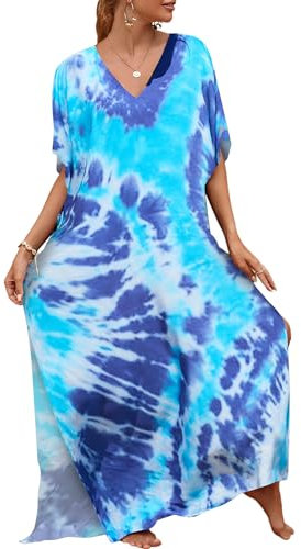 Bsubseach Cubre Bikini Vestido Largo Suelto Kaftan Cuello en V de Playa Estampado de Mariposas Colorido para Mujer Azul Tie Dye