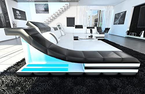 Wohnlandschaft Turino XXL Sofa in Leder - mit LED Beleuchtung, verstellbare Kopfstützen, Recamiere/Lederfarben wählbar/Ausrichtung wählbar (Ottomane Links, Weiß-Schwarz)