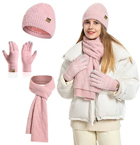 INSISMY Damen Mütze Schal und Touchscreen Handschuhe Set für Damen Winter Warm Langer Schal Fleece Gefüttert Beanie Skull Cap