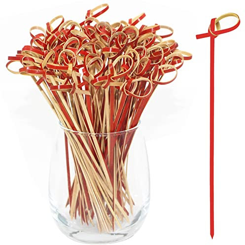 BLUE TOP 100 pinchos de bambú de bambú rojo de 6 pulgadas con nudo en bucle, palillos de alimentos, palillos de dientes de fiesta para aperitivos, aperitivos de barbacoa, sándwiches de club.