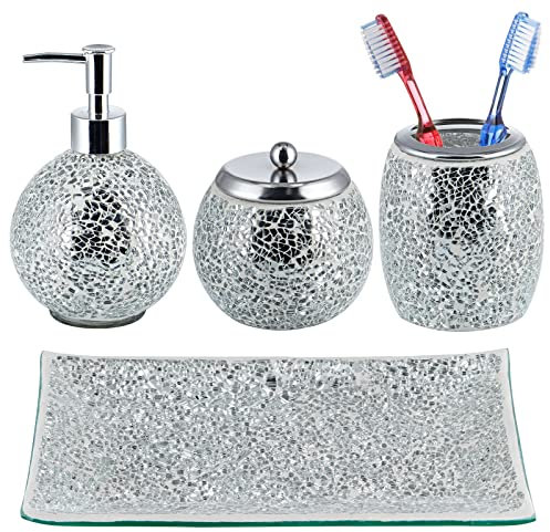 Sanbege Mosaic Glass Bathroom Accessories Set, Modern Luxury Bath Ensemble, Includes Soap Dispenser & Cotton Swab Jar & Toothbrush Holder & Vanity Tray (Shiny Silver)