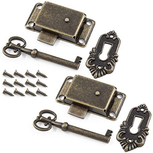 Kyuionty 2 Sets Skelett Schlüssel Schloss Dekorative Antik Bronze Schrank Vintage Schloss mit Schlüssel und Schrauben für Truhe Schrank Möbel