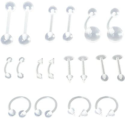 XPEX 18-teiliges Piercing-Halter-Set, gebogener Barbell-Halter, durchsichtiger Kunststoff-Piercing-Halter für Nase, Zunge, Brustwarze, Bauchlippe, Lippenblatt, Ohrknorpel, chirurgischer Schmuck
