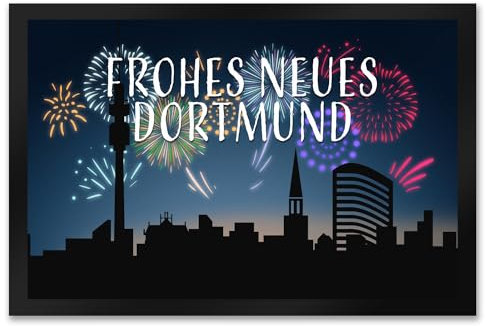 speecheese Frohes Neues Dortmund Fußmatte XXL in 50x75 cm Fußabtreter mit Skyline von Dortmund und Feuerwerk als Silvesterdekoration Neujahr mit Stadtname