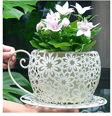 Vintage-Metall-Eisen-Kaffeetassen-Blumentöpfe, Kaffee-Untertasse, Teetasse, Gartenpflanzenhalter, hohles Blumenmuster und die passende Untertasse, for Indoor-Outdoor-Pflanzgefäße, Hausgarten-Dekoratio