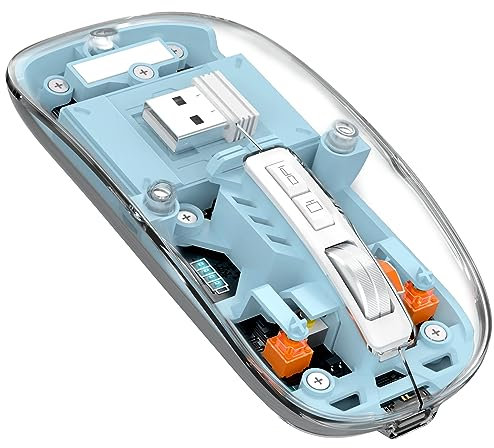 MAGIC-REFINER Mouse Wireless Ricaricabile, 2.4Ghz e Bluetooth 5.0 Silenzioso Mouse Senza Fili Ottico Ultra Sottile 2400 DPI, Mouse Gaming Trasparente, Batteria Visibile, per Laptop/PC/Mac, Blu