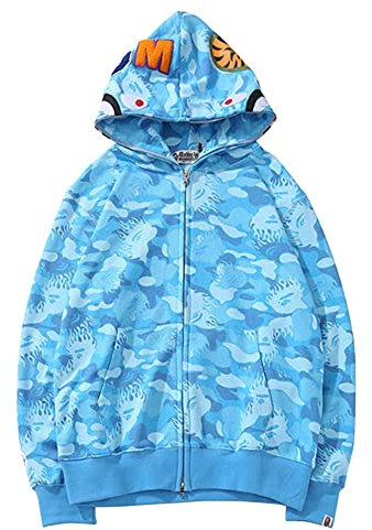 LIAOPUFUS Uomo 3D Stampato Shark Felpa con Cappuccio Hip Hop a Maniche Lunghe Zipper con Cerniera Mimetica Moda Street Wear(M,Cielo Blu)