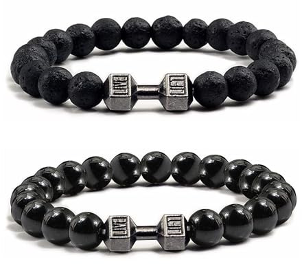 HUASAI Dumbbell Bracelet for Men Gym Bracelet Weighted Bracelet Adjustable Natural Stone Beads Bracelet Fitness Barbell Jewelry for Men