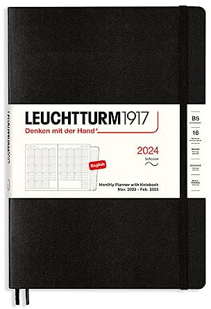 LEUCHTTURM1917 367571 Monatsplaner mit Notizbuch, Softcover, Composition (B5) 2024, 16 Monate, Black, English