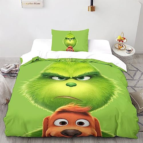 The-Grinch Atmungsaktive Cartoon-Animation Bettwäsche-Sets Aus Leichter Mikrofaser - 3-teiliges Duvet-Cover-Set Mit 3D-Print Und Verstecktem Reißverschluss Für Erholsamen Schlaf Single(135x200cm)