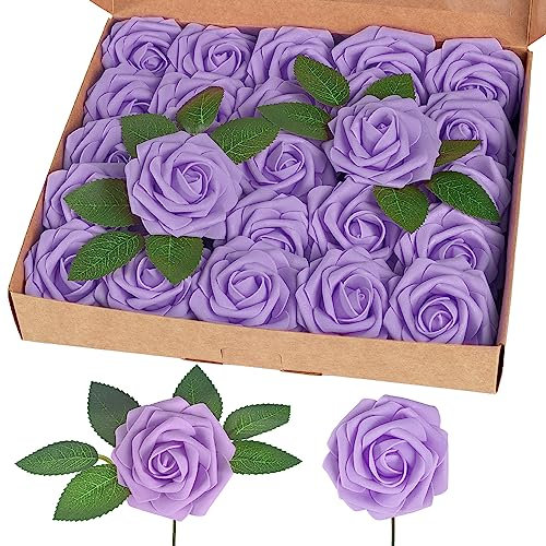 homEdge Rosa artificial, 25 flores artificiales de espuma con tallo para decoración del hogar, ramos de boda, fiesta, certerpieces, aniversarios, lila, 231AF250723