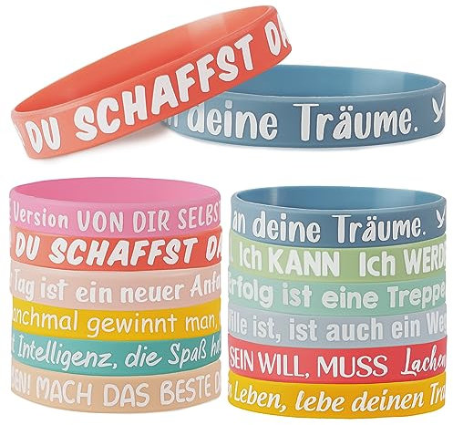 COLOFALLA 12 Stücke Motivationsarmbänder Kinder auf Deutsch Motivationsgeschenke spirierenden Sprüchen Silikon Armbänder auf Deutsch 20 cm Armband Mutmacher Geschenk für Schulkind Studenten