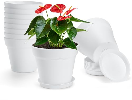 FHWTY 10 Pack 5 inch Plastic Plant Pots with Drainage Holes and Tray | Thickened Indoor Planters Seedlings Nursery Pots for Flowers, African Violet, Succulent and All House Plants, White