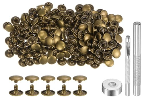 QUARKZMAN 100 Juego Cuero Remache 8 x 12mm de Metal con Doble Tapa Broches de Presión Remaches de Sujetadores con 3 Herramientas de Instalación para Cuero Manualidades Bronce