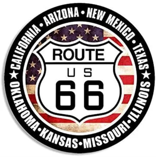 AeRko Divertente cartello in vinile americano rotondo US Route 66 adesivi per auto da viaggio decalcomanie in PVC decorazione paraurti lunotto (colore: A, dimensioni: 18 cm)