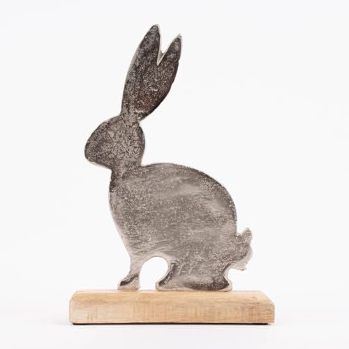 SCHÖNER LEBEN. Osterhase silberfarbig glänzend Metall Holz 17,5x26x5cm