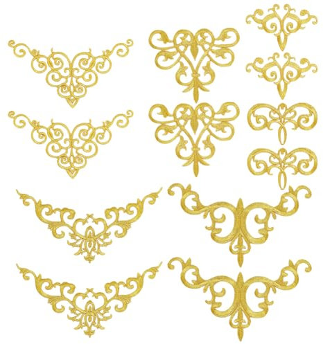 GOMAKERER 12 Stück Goldene Blumenapplikationen, 6 Stile Stickerei-Aufnäher Aufbügeln Patches Annähen Aufnäher Ethnischer Goldene Spitzenaufnäher Bestickte Applikationen Für Selbstgemachte Kleidung