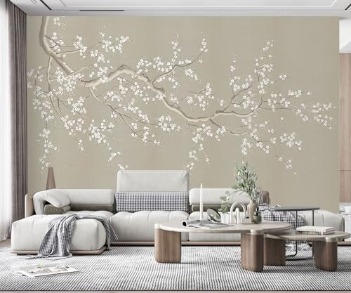 RMwallpaper Papier Peint Panoramique Minimalisme De Fleur De Prunier Zen Peint À La Main Papier Peint Intissé Tapisserie Murales Chambre Salon (350x256cm)