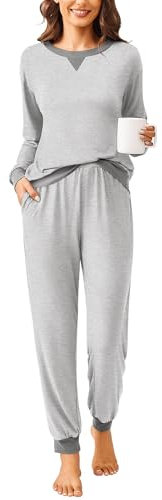 Ekouaer Schlafanzug Damen Baumwolle Pyjama Set Lang Zweiteiliger Nachtwäsche Sleepwear und Lange Pyjamahose Herbst Winter Freizeitanzug grau XL