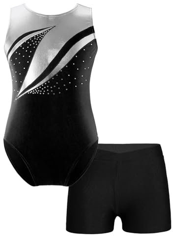 XIUsheUA Turnanzug Mädchen Kurzarm Mädchen Ballett Tanzen Glitzernd Metallic Ärmellos Gymnastik Ganzanzug Bikeranzug Leotard mit Shorts Anzug Tanzbekleidung(12Y)