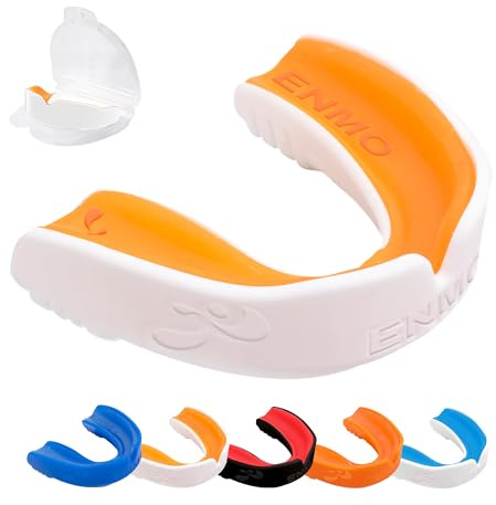Enmo Maxilla Gel Gum Shield - Adult & Junior 10+ Mouth Guard with Case for Rugby, Boxing, Hockey and Contact Sports - Mouthguard with Boil & Bite, Breathing Channel Tech, Dual Layer - White/Orange