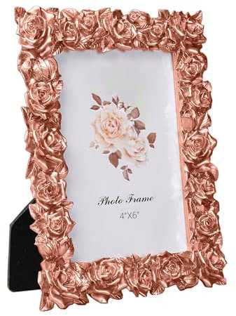 Cadre photo doré rose de 10 x 15 cm de style vintage sculpté à la main en résine pour affichage de table, décoration d'intérieur (or rose, 10,2 x 15,2 cm)