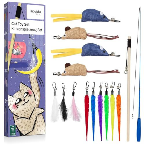 Inovida XL 15 Pcs Cat Fishing Rod Toys Set – Vegan and with Catnip – Feather Wand Kit for Indoor Cat – for Adult and Kittens – From