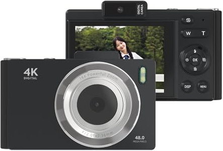 Andoer 4K Digital Camera, Portable Video Camera CCD Photo Camera 48MP | 2.8 Inch IPS Screen, Anti-Shake, 16X Zoom, Auto Focus with Flash Battery Birthday for Teens Students Friends, Black