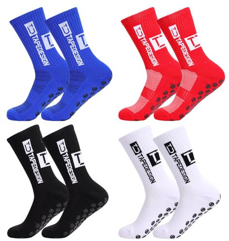 4 Paare Rutschfeste Sportsocken Atmungsaktiv Anti Rutsch Grip Fußball Socken für Herren Damen Fußballsocken für Fussball Basketball Marathon Laufen (Einheitsgröße, Schwarz+Weiß+Rot+Blau)