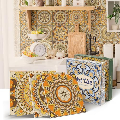 indabyo 12pcs Moroccan Style Stick on Tiles Self Adhesive Mosaic Backsplash | Kitchen Bathroom Wall Peel and Stick Tile Individual Vinyl Waterproof Sticky Tile Covers Decals (15x15cm, 6x6 inches)