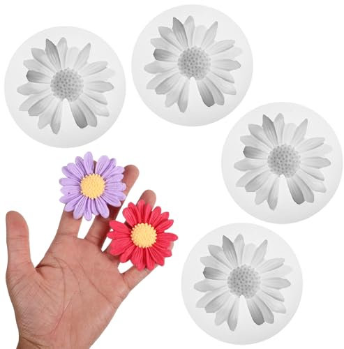 Bewudy 4 Stück Silikonform Gänseblümchen, 3D Silikon Kuchenform Blumen Schokolade Silikonform Chrysanthemen Silikonformen für Kuchendekoration Cupcake Topper Handgemachte Seifen